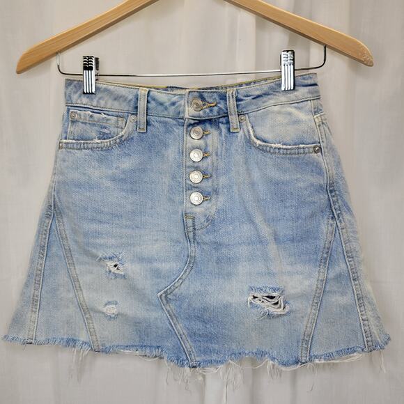 We the Free Light wash Distressed A-line Micro Denim Skirt Button Fly, 25 - Picture 1 of 9